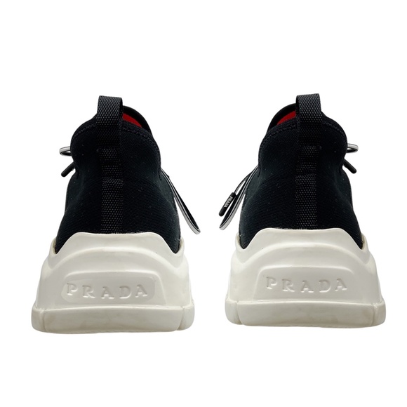 PRADA BLACK / PINK / ORANGE DÉGRADÉ LOGO KNIT LOW TOP SNEAKERS - Picture 6 of 7